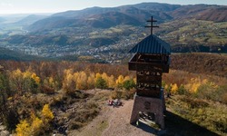 Aerial view of lookout tower Haj in autumn forest near Nova Bana, Slovakia