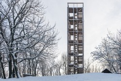 Wooden lookout tower on the top of Velka Homola in winter, Male Karpaty, Slovakia
