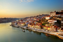 hill with old town of  Porto and river Douro at sunset, Portugal