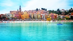 colorful houses of Menton old town waterfront, France, web banner