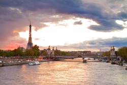 Alexandre III Bridge and Eiffel tower at sunset ,  Paris, France