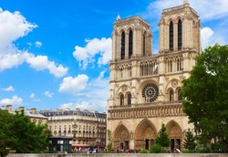 Notre Dame cathedral facade in Paris, France