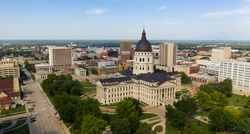 An aerial view of the capital statehouse grounds in Topeaka Kansas USA