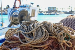 nets, pulley ropes and machinery of a fishing boat