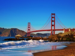 Golden Gate Bridge view from Baker Beach just before sunset.