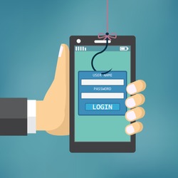 Data Phishing with fishing hook, mobile phone, internet security.