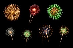 Colorful assorted fireworks selection on a black background.