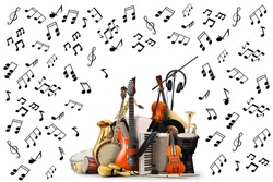 various musical instruments on a white background There are various types of musical notes and sizes around them, suitable for use in music, education and art advertising.