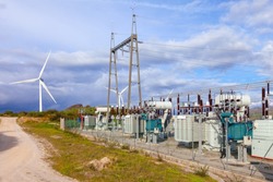 Collector Substation for a wind farm. Connected with the wind power turbine generators. Terras Altas de Fafe, Portugal
