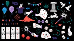 Easy magic illustration design elements for illusionist show, magic tricks, circus, online courses. Vector colorful clipart isolated on black background.