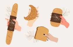 Human Hands With Pastry illustration set. Different hands with various sorts of bread: baguette, croissant, toast, loaf. Flat vector design in comic style.