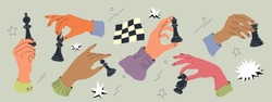 Hands with chess pieces vector set isolated on grey background. Retro-style illustration of multicolored hands holding chess figures.