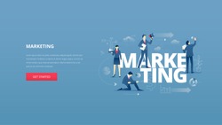 Vector illustrative hero banner of marketing. Marketing hero website header with men and women business characters around words 'marketing' over digital world map