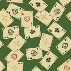 Retro Aces of playing card seamless pattern on a green background