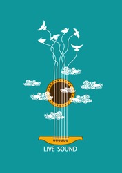 Musical illustration with concept guitar and birds in the sky