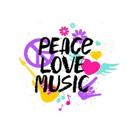 Peace Love Music - inspirational hand drawn brush ink lettering with colorful cartoon symbols.