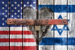 American flag with the Israel flag on the background of old locked doors and carved heart