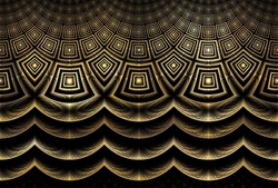 Intricate geometric gold / copper abstract ripple / wave design on black background