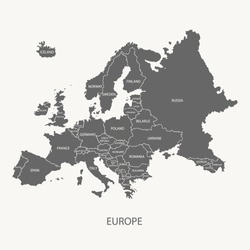 EUROPE MAP WITH BORDERS AND NAME OF THE COUNTRIES grey illustration vector