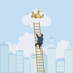 Vector illustration of a man scaling a ladder to a cloud with money bags.