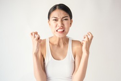 Portrait of angry pensive mad crazy stress asian woman screaming out (expression, facial), cry girl, beauty portrait of young panic burnout drama asian woman isolated on white background.