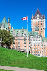 Beautiful architectural building of Quebec - the Chateau Frontenac hotel. Ancient architecture of Quebec Historic Center. Unforgettable trip to Canada.