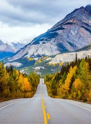 Powerful granite Rockies of Canada. The road 93 