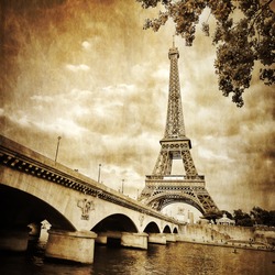 View of Eiffel tower and river in monochrome vintage filtered style