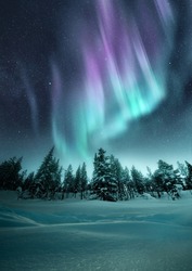 The Aurora Northern Lights flicker in the winter night sky above a forest in Sweden. Photo Composite.