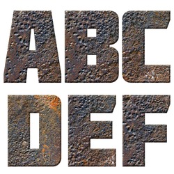 Old rusty metal english alphabet, numbers and signs isolated