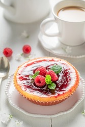 Yummy strawbery cheesecake made of fresh berries. Strawberry cheesecake. Sweet and fruity strawberry cheesecake.
