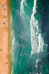 Aerial view of crowded beach on Baltic Sea in summer, Poland, Europe