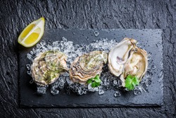Tasty oysters on crushed ice