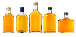 Set of Full small flat bottles of whiskey isolated on white background 