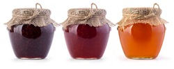 Three jar of jam and honey on white background
