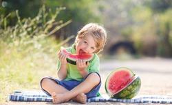 Caucasian little boy with blond hairs eating fresh watermelon in summer garden, outdoors. Kid eating red ripe watermelon