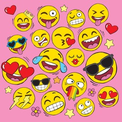 A set of hand drawn yellow smiley emoji face icons, also known as emoticons. Vector set.