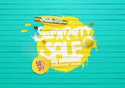 summer sale background, with painted wooden floor, and beach products.
