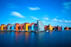 colorful buildings at Reitdiephaven on water in Groningen, Netherlands