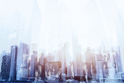 double exposure of business people walking on the street of modern city, urban lifestyle background