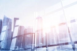 abstract business modern background with cityscape double exposure