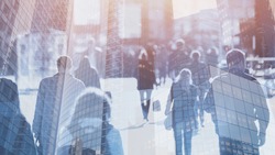 crowd of people walking on the street, double exposure abstract business background