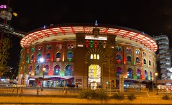 Bullring Arenas on Spain Square. Of traditional neo-Mudejar style. New shopping center in Barcelona. Inside is a museum of rock and roll. Opened in June 1900. Barcelona, Catalonia, Spain.