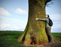 love nature, woman hugging huge tree trunk