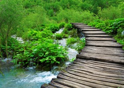 Wooden path and waterfall in Plitvice National Park, Croatia
