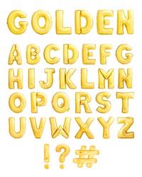 Full English alphabet made of golden inflatable balloons isolated on white background