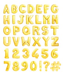 Full alphabet with numbers and symbols made of golden inflatable balloons isolated on white background