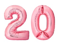 Number 20 twenty made of rose gold inflatable balloons isolated on white background. Pink helium balloons forming 20 twenty number. Discount and sale or birthday concept