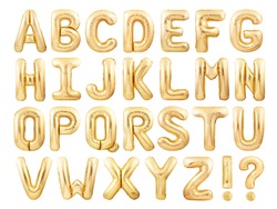 Alphabet balloons font made of golden inflatable balloons isolated on white background. Golden foil balloon letters English font