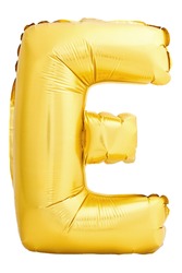 Golden letter E made of inflatable balloon isolated on white background